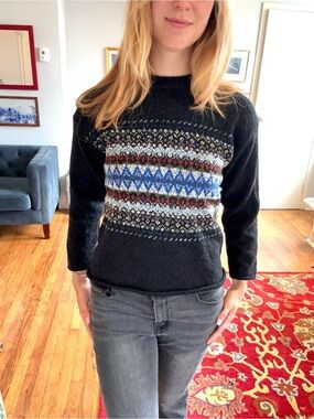 Black Crewneck Fair Isle Sweater - 100% Acrylic